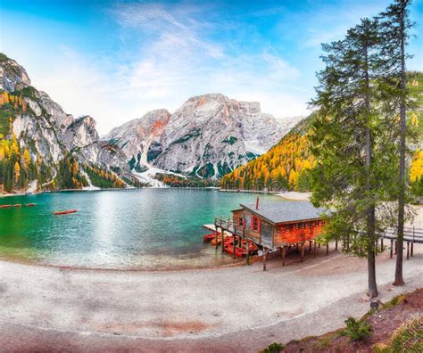 Fantastic Scenery Of Famous Alpine Lake Braies At Autumn Stock Image