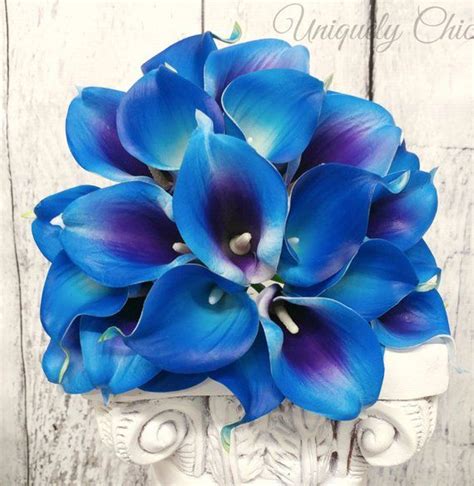 Real Touch Vibrant Royal Blue Purple Calla Lily Brides Wedding Bouquet