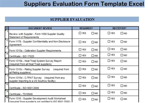 suppliers evaluation form template excel project