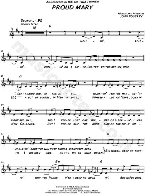 Ike And Tina Turner Proud Mary Sheet Music In D Major Download