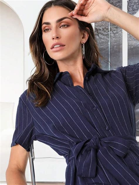 Striped Print Belted Shirt Dress Shein Usa