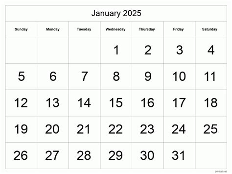 2025 January Calendar Big Numbers Images Printable Toma Auguste