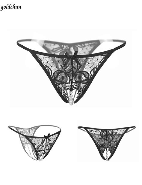 Women Lace Floral Imitated Pearl Crotchless G String Thongs Panties