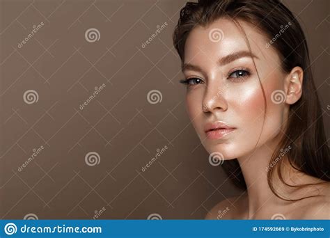 Beautiful Young Girl With Natural Nude Make Up Beauty Face Stock