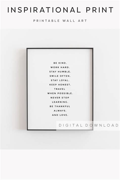 Inspirational Quotes Be Kind Work Hard Stay Humble Living Room Art