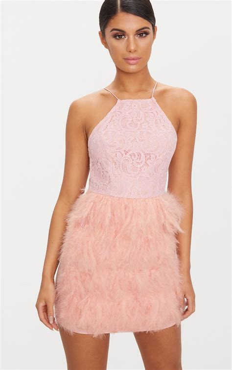 Dusty Pink High Neck Lace Top Feather Skirt Bodycon Dress