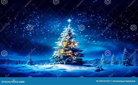 Snow Covered Christmas Tree In The Middle Of Night Sky With Stars And