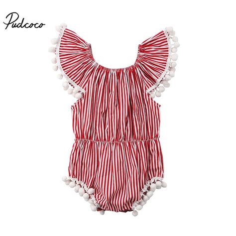 Pudcoco Baby Girl Red Striped Bodysuit 2018 Tassels Kids Baby Girl Off