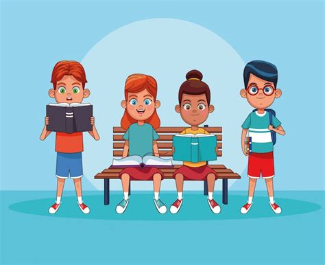 Niños leyendo libros de dibujos animados Vector Premium