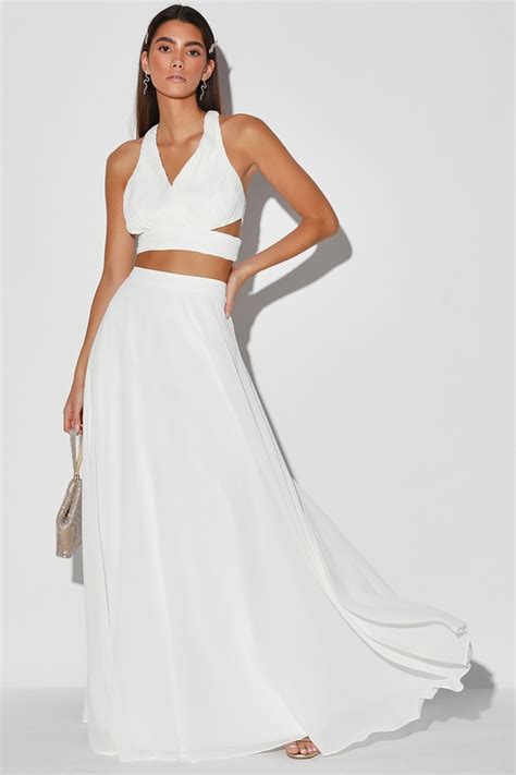 Sexy White Dress Two Piece Maxi Dress Pleated Maxi Gown Lulus