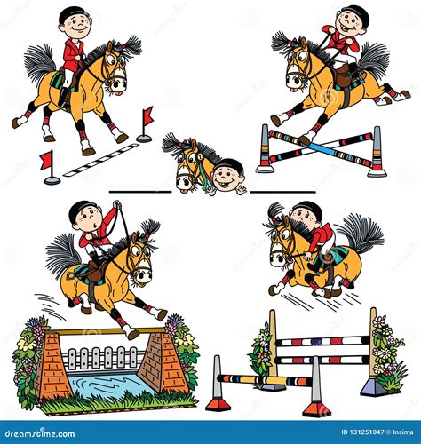 Set Of Cartoon Horse Jumpng Stock Vector Illustration Of Showjumping