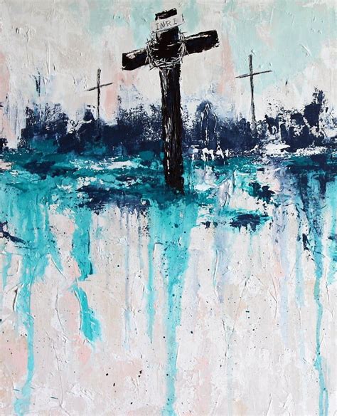 Christian Art Cross At Calvary Large Painting Abstract Art Teal