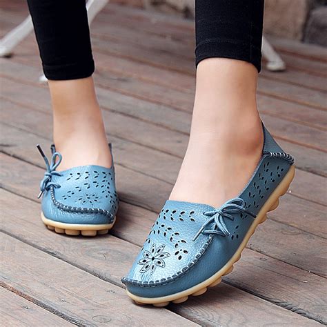 Summer Women Flats Genuine Leather Slip On Cut Outs Women Shoes