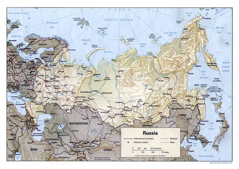 Large political map of Russia with relief, roads, railroads and major
