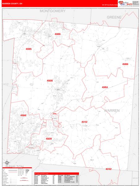 Warren County Oh Zip Code Wall Map Red Line Style By