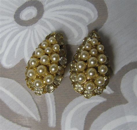 Faux Pearl Crystal Rhinestone Teardrop Clip Earrings Vintage Estate