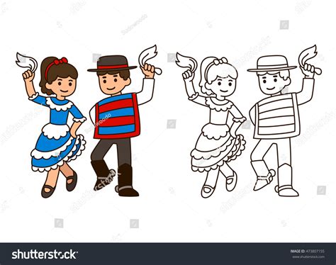 Cartoon Children Dancing Cueca Traditional Dance In Chile Boy And