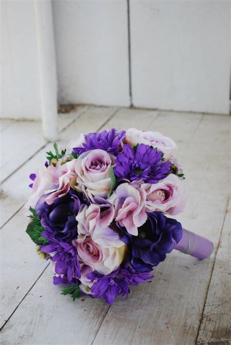 silk bridal bouquet purple roses gerbera daisies lavender hydrangeas 2523794 weddbook