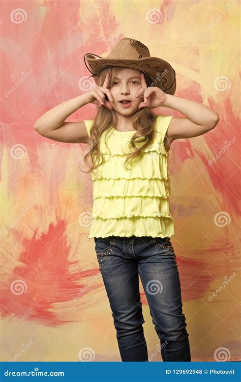 Cowboy Hat On Adorable Girl Wearing American Outfit Stock Photo Image