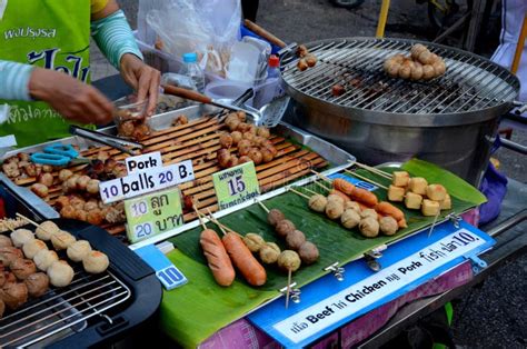 Thai Street Food Vendor With Grill Equipment Sells Sausages Chiang Mai
