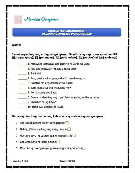 Uri Ng Pangungusap Worksheet Grade 6