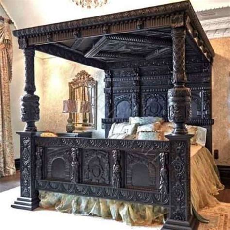 Old World Heavily Carved Gothic Black Canopy Bed
