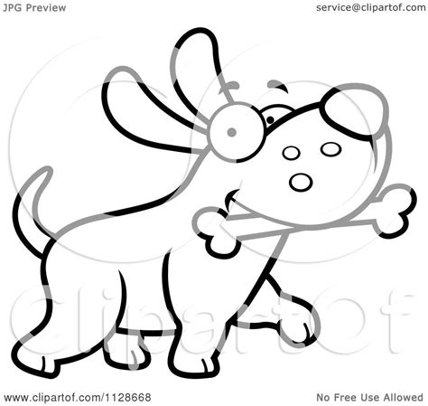 Cartoon Clipart Of An Outlined Happy Dog Strutting With A Bone Black