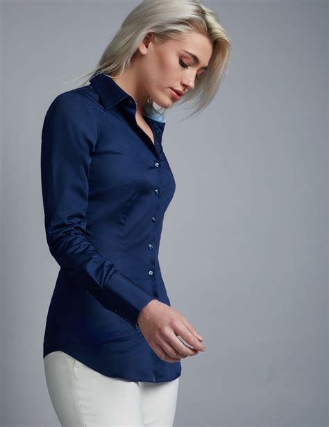 Women S Navy Fitted Sateen Shirt With Contrast Detail Single Cuff Hawes And Curtis Womens