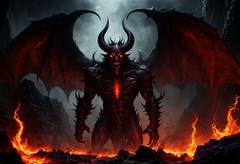 (a demon in the underworld),dark,ominous,demonic figure,fiery red eyes