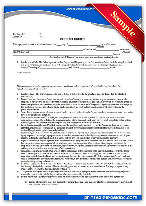 Free Printable Contract For Deed Template Printable Templates