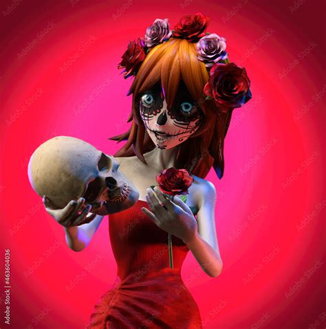 halloween makeup beautiful sugar skull model with skull in hand santa muerte concept stock