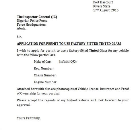 sample letter  application  permit   tinted