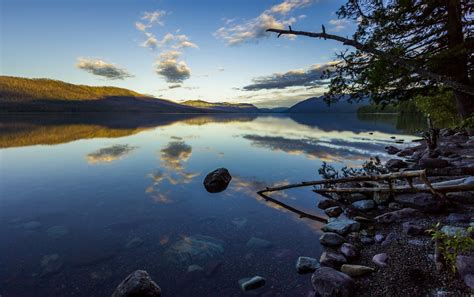 Landscape Lake Trees Reflection Calm Water Rock