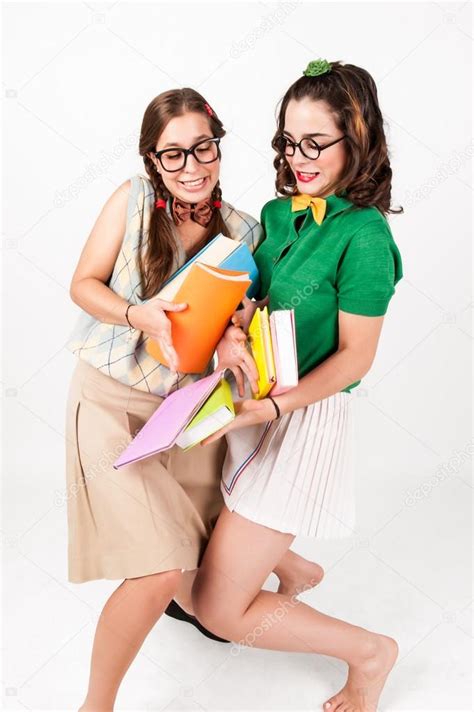 Cute Nerdy Girls Bump Into Each Other — Stock Photo © Martinbalo 51149305