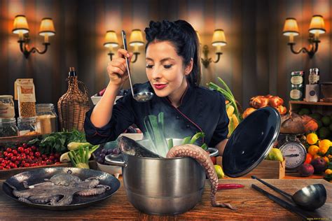 Wallpaper Food Women Cook Kitchen Octopus Eating Person Cooking Dinner Meal Cuisine