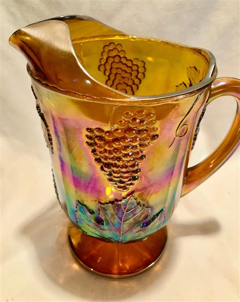 Vintage Ambermarigold Grapes And Vines Carnival Glass Waterjuice