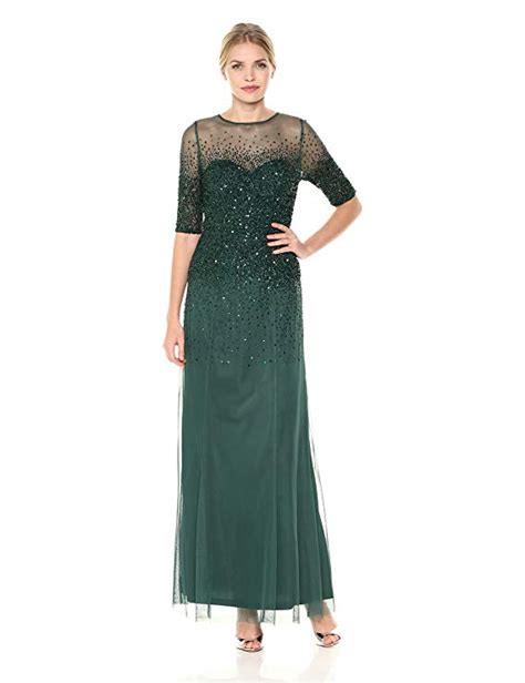 Adrianna Papell Womens 34 Sleeve Beaded Illusion Gown With Sweetheart