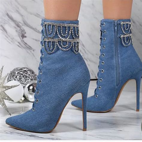 Ladies Bling Crystal Chains Peep Toe Denim Boots High Heels Ankle Boots