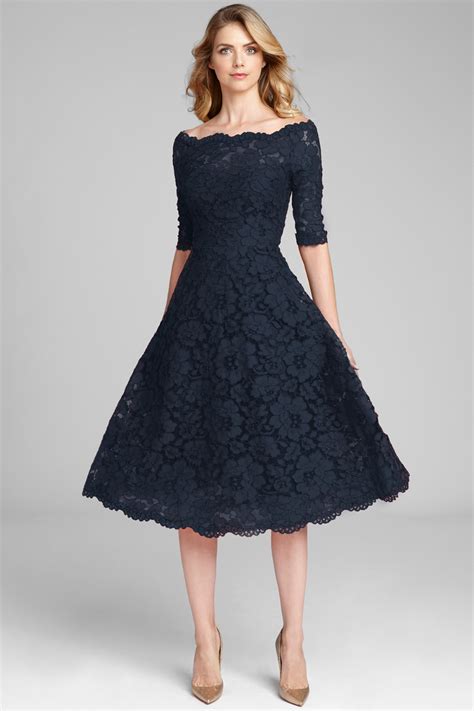 Navy Off The Shoulder Fit And Flare Tea Length Lace Dress In 2021 Cocktail Dresses With