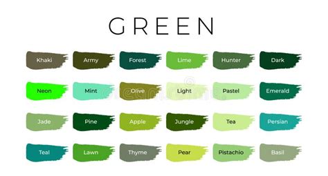 Green Paint Color Swatches With Shade Names On Brush Strokes Stock