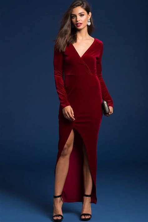 2018 Red Velvet Vintage Sexy Party Dress Women V Neck Evening Bodycon Dress Elegant Long Dress