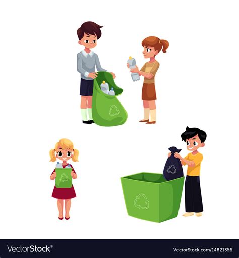 Children Collect Rubbish Garbage For Recycling Vector Image