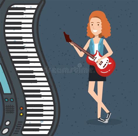 Music Festival Live With Woman Playing Electric Guitar Stock Vector