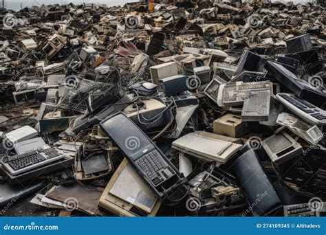 Electronic Scrapyard With Piles Of Old Computers Phones And Other