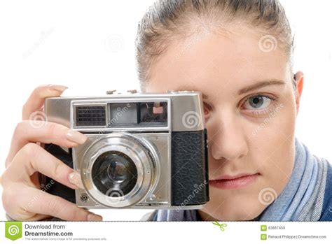 Young Photographer Woman With A Vintage Camera Stock Image Image Of