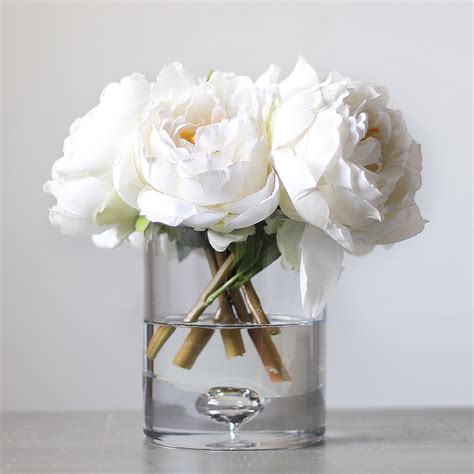 White Real Touch Peony Floral Arrangement In Clear Glass Vase Darby
