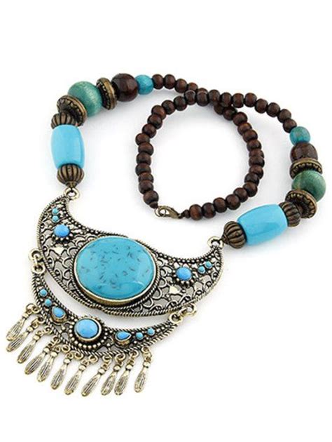 Off Bohemia Ethnic Faux Turquoise Beaded Pendant Necklace In