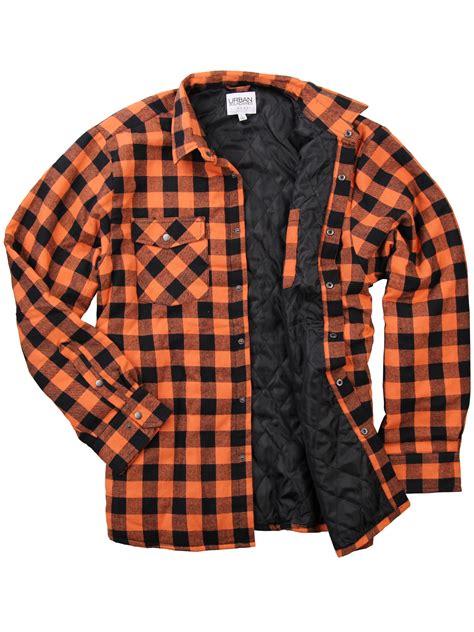 Mens Insulated Quilted Lined Flannel Shirt Jacket Orangeblack X