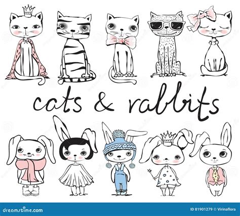 Cats And Rabbits Stock Vector Illustration Of Fluffy 81901279