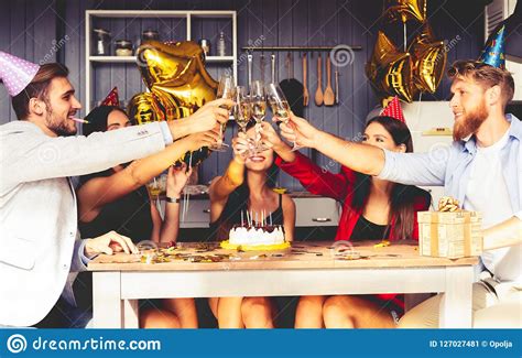 Group Of Friends Making A Toast To Celebrate Birthday Stock Image
